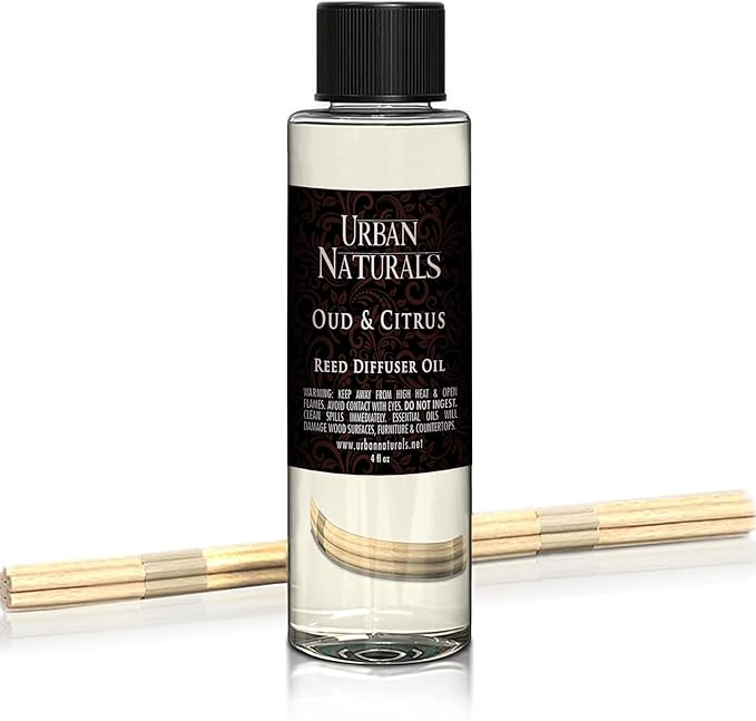 Urban Naturals Reed Diffuser Oil Refill, Oud & Citrus Diffuser Oils with Oud, Cedar, Citrus, Amber, 4 oz + Free Reed Sticks, Made in The USA