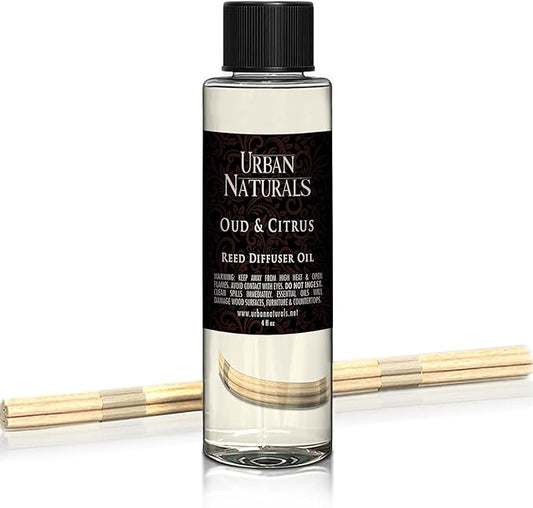Urban Naturals Reed Diffuser Oil Refill, Oud & Citrus Diffuser Oils with Oud, Cedar, Citrus, Amber, 4 oz + Free Reed Sticks, Made in The USA