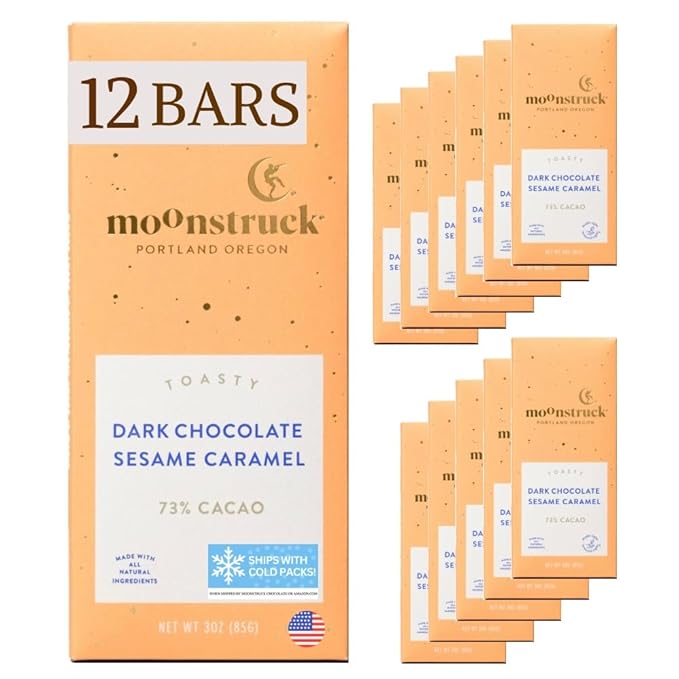 Moonstruck Chocolate Sesame Caramel Dark Chocolate Bar, 73% Cacao, 3.0oz (Pack of 12)