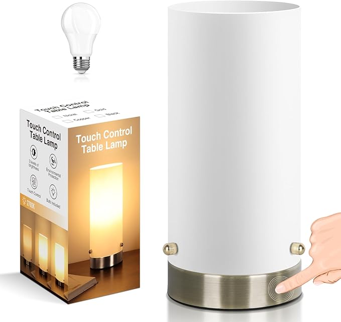 Bedside Touch Control Table Lamp for Bedroom 3 Way Dimmable Nightstand Lamp with Round Glass Shade for Living Room Kids Room Dorm Home Office(LED Bulb Included).
