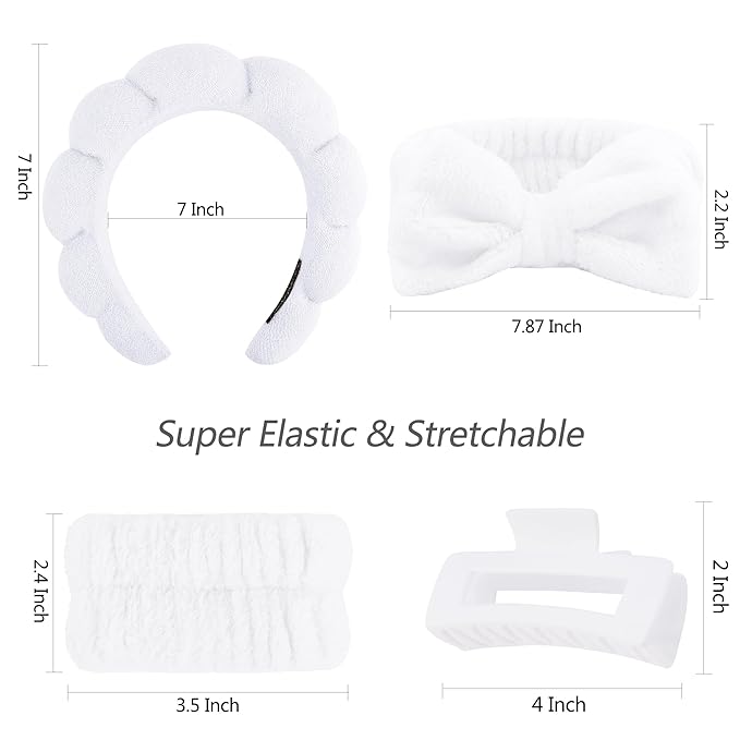 VELSCRUN Spa Headbands for Wash Face, Makeup Headband, Facial Skincare Headbands, 5 Pcs White Puffy Sponge Spa Headband Bow Tie Hair Band Hair Clips Wristband Set Women Girls Accessories