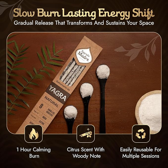 Sagrada Madre Yagra-Yagra Natural Incense Sticks, 8 Sticks (9" Each) - Handmade Citrusy Aroma for Abundance, Prosperity & Wealth - Ideal for Meditation & Spiritual Practice with 1-Hour Burn Time