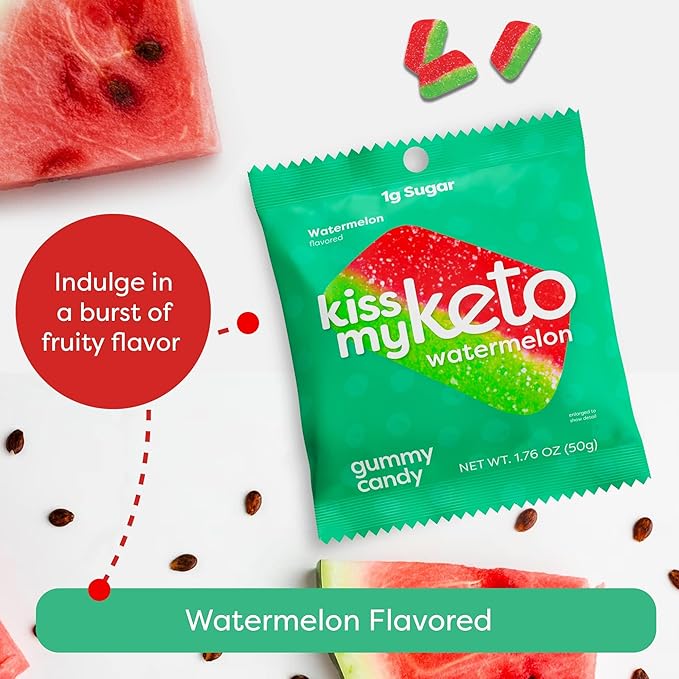 Kiss My Keto Sugar Free Gummies, Gummy Watermelon 24-Pack – Satisfy Cravings while Staying in Ketosis – High Fiber, 3g Net Carbs, Non-GMO, Vegan, & No Gluten – Calorie-Friendly Vegan Candy
