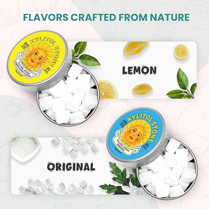 Xylitol Stone Sugar Free Candy - Vegan & Keto Friendly Unique Hard Candy - 100% Natural Flavor Candies - Gluten Free & Non-GMO Breath Freshener Low Calorie Mints - Pack of 2 (Original, Lemon)