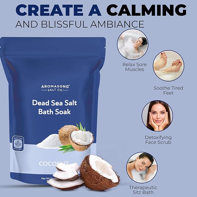 Aromasong Dead Sea Salt - Fine Grain Spa Bath Salt Coconut Scent 14 Oz – 100% Pure & Natural - Soak for Women & Men