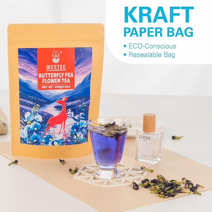WT WEETEE Butterfly Pea Flower Tea Loose Leaf, 100% Natural & Pure from Whole Dried Butterfly Pea Flowers, Caffeine Free Herbal Tea For Blue & Purple Drinks