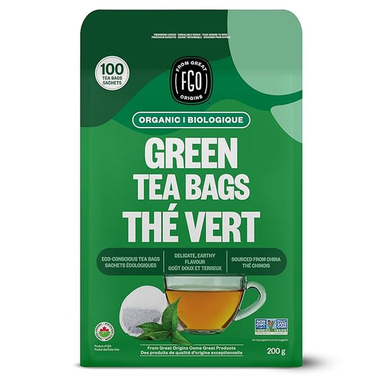 FGO Organic Green Tea, 100 Count Eco-Conscious Tea Bags, Caffeinated, Resealable Pouch, Packaging May Vary (Pack of 1)