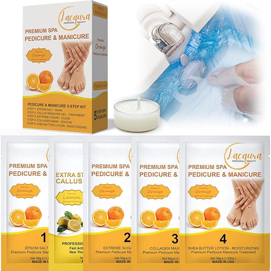 Deluxe Pedicure 6 Step in 1 Box – Epsom Salt, Callus Remover, Extreme Sugar Scrub, Collagen Mask, Massage Oil Candle & Shea Butter Lotion. (Orange 20 Set)