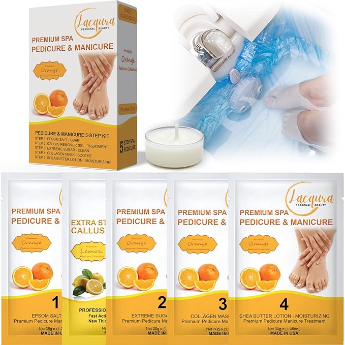 Deluxe Pedicure 6 Step in 1 Box – Epsom Salt, Callus Remover, Extreme Sugar Scrub, Collagen Mask, Massage Oil Candle & Shea Butter Lotion. (Orange 12 Set)