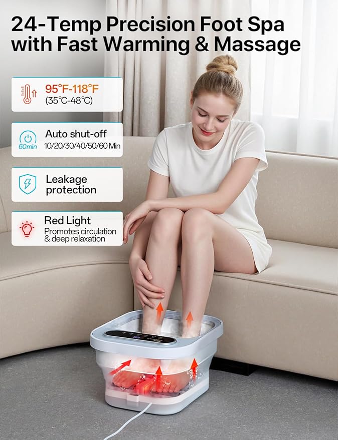 ALLJOY Foot Spa Bath Massager with Heat, Collapsible Foot Massager Spa Soaking Tub with Bubbles, Pumice Stone, Timer, 6 Shiatsu Massage Rollers Pedicure FootSpa for Relaxation, Gifts for Dad, Mom