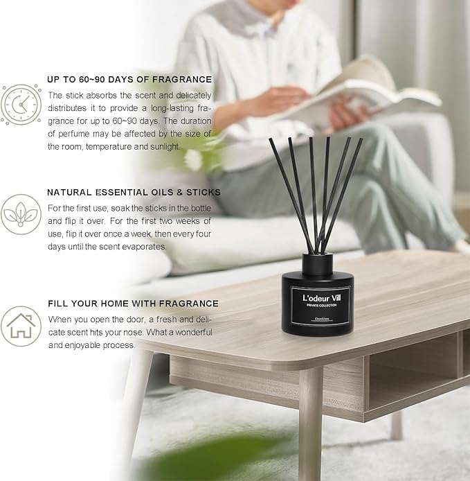 L'odeur Vill Reed Diffuser, 3.4oz(100ml) Clean Linen Reed Diffuser Set with 6 Oil Diffuser Sticks, Matte Black Aroma Scent Diffuser, Long Lasting Home Fragrance for Bathroom Shelf Decor