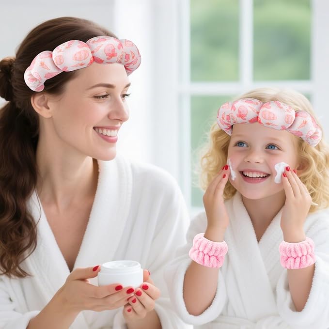 Zkptops Spa Headband for Washing Face Wristband Set Sponge Makeup Skincare Velvet Fabric Bubble Soft Get Ready Hairbands for Women Puffy Headwear Non Slip Thick Thin Hair Accessory(Pink Bow)