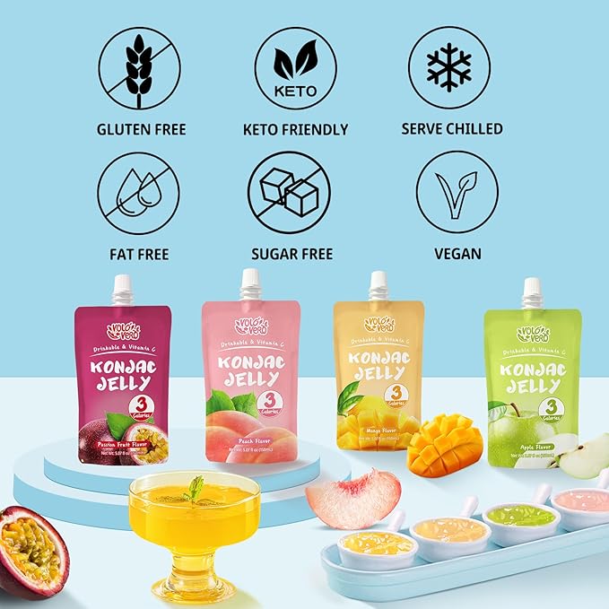 VOLO VERO Drinkable Konjac Jelly Variety Pack, 3 Calories, 10 Pack, 0 Sugar, Vegan, Gluten Free, Keto, Vitamin C Fruit Snacks Holiday Gifts - Flavors Include Mango, Peach, Passion Fruit, and Apple Pouches