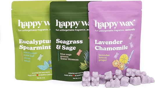 Happy Wax Spa Mix Premium Scented Natural, Non Toxic Soy Wax Melts – 6 Total Oz. of Scented Wax Melts. Includes: Seagrass & Sage, Lavender Chamomile, and Eucalyptus Spearmint