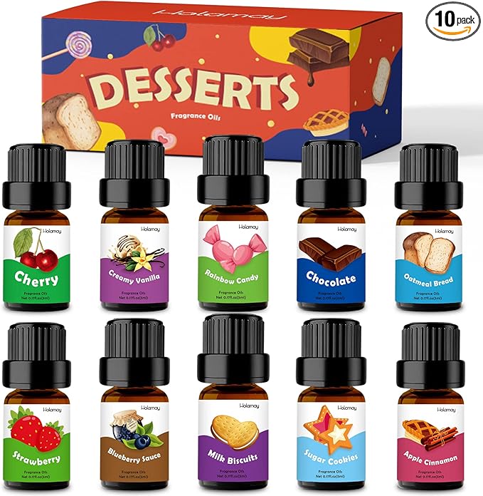 Fragrance Oils, Holamay Dessert Scented Essential Oils for Soap Candle Making, 10x5ml - Creamy Vanilla, Apple Cinnamon, Cookies and More, Aromatherapy Diffuser Oil Scents, Holiday Essential Oil Set