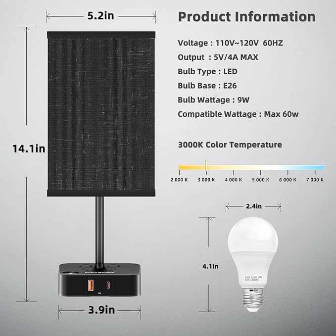 cozoo USB Bedside Table Desk Lamp with 2 USB Charging Ports and 2 Outlets Power Strip,Black Charger Base with Black Fabric Shade, LED Light for Bedroom/Nightstand/Living Room