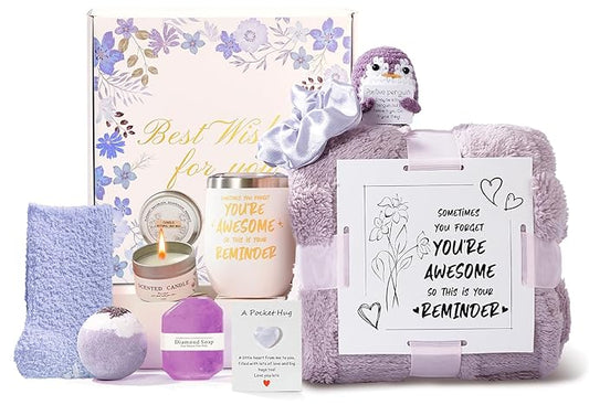 Self Care Gift Basket for Women, Luxury Spa Gift Basket with Blanket, Vanilla Coconut Self Care Set, Friendship Birthday Box for Mom, Sister, Wife, Best Friend, Coworker(Purple)