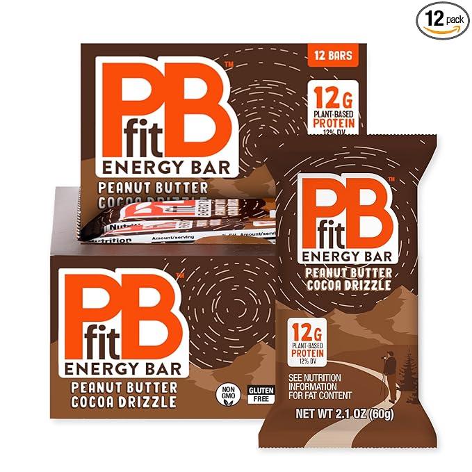 PBfit Peanut Butter Cocoa Drizzle Energy Bars, 12g Protein, 5g Fiber, Gluten Free, Vegan, Plant-Based, Non-GMO, 2.1 Oz (Pack of 12)