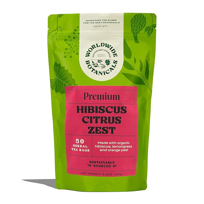 Worldwide Botanicals Hibiscus Citrus Zest Herbal Tea, 50 Tea Bags - Organic, Caffeine Free, Kosher, 50% More Herbs - 50 Tagless Eco-Friendly Tea-Bags