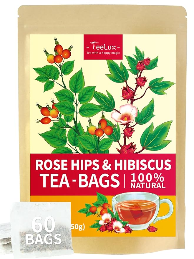 TeeLux Rosehip & Hibiscus Tea Bags, 2.5g/bag, Slight Tart Taste & Fruity Flavor, Caffeine Free, 60 Count