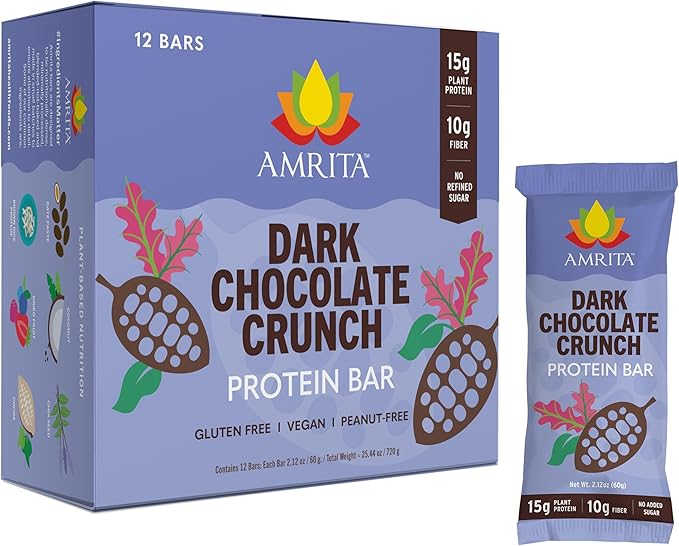 Amrita Nut Free Dark Chocolate Quinoa Vegan Protein Bars (12 Count) | 12g Plant-Based Protein Bar | Peanut Free, Gluten Free, and Dairy Free | Low Sugar, High Fiber, Healthy School-Safe Snacks