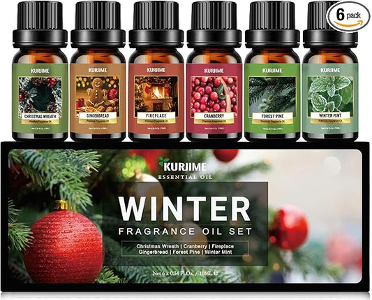 Essential Oils Set, Winter Scents Fragrance Oil Essential Oils for Diffusers for Home - Christmas Wreath, Gingerbread, Fireplace, Cranberry, Forest Pine, Winter Mint Scented Oil, 6x10ml