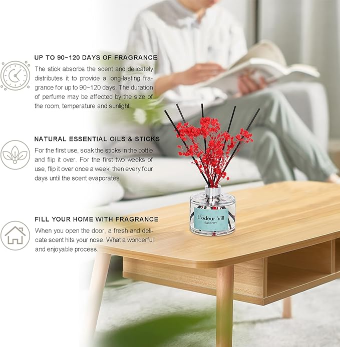 L'odeur Vill Reed Diffuser Set - Black Cherry Scented Home Fragrance, 6.7 oz (200ml) with 6 Oil Diffuser Sticks for Large Rooms and Bathroom Decor