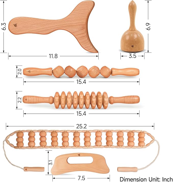 6 in 1 Wood Therapy Massage Tool Set for Body Sculpting Massage, Lymphatic Drainage and Muscle Pain Relief, Cellulite Sculpting Multi-Functional Massager