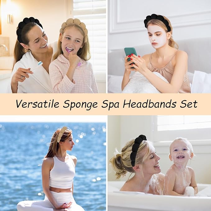 AMCAMI Puffy Spa Headband for Women Sponge Headbands for Girls 2 PCS Terry Towel Cloth Fabric Head Band for Skincare,Makeup Removal,Face Washing,Facial Mask,Shower,Hair Accessories(Black&Light Coffee)