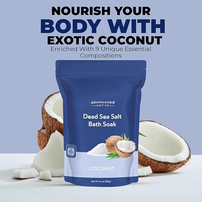 Aromasong Dead Sea Salt - Fine Grain Spa Bath Salt Coconut Scent 14 Oz – 100% Pure & Natural - Soak for Women & Men