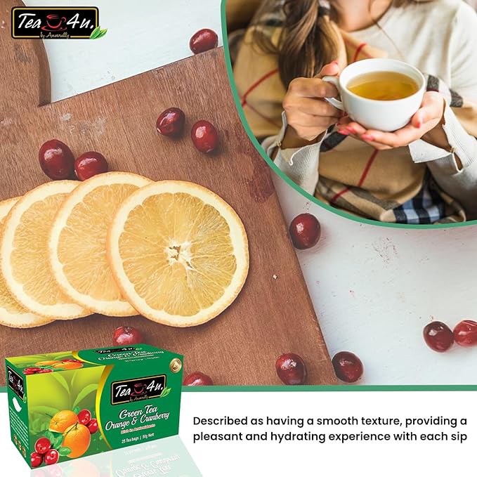 Tea4U Orange & Cranberry Flavor Green Tea - Hand Picked Leaves from Sri Lanka - Rich in Antioxidants - Smooth & Hydrating - Convenient Packaging of 25 Tea Bags