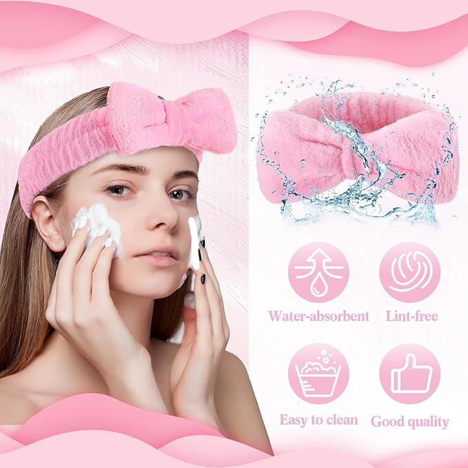 25 Pcs Pink Spa Headband Bulk Pink Makeup Headbands for Washing Face Cute Bow Hairbands Soft Coral Fleece Hairbands for Women Face Skin Care Makeup Spa Gift Shower Yoga