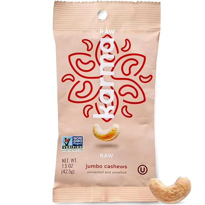 Raw Jumbo Cashews by Karma Nuts, Whole, Vegan, Gluten Free, Low Net Carb, Natural, No Sugar Added, Keto Friendly, Everyday Nut Snack, 1.5 Ounce (12 Snack Packs)