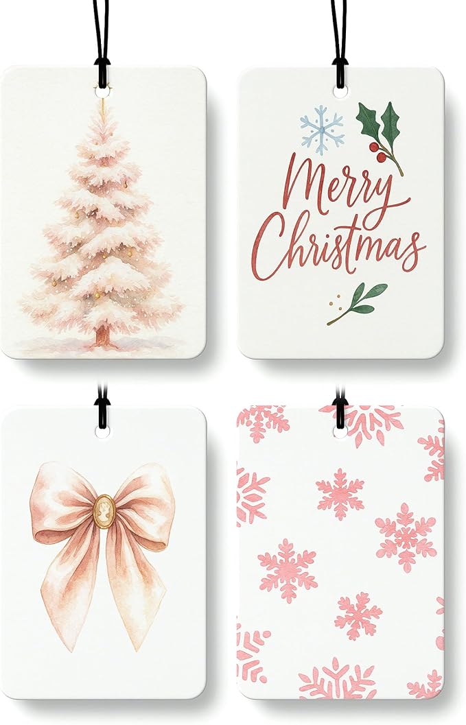 Pink Boho Christmas Berry Car Air Freshener 4 Pcs, Coquette Bow Xmas Tree Snowflake Hanging Air Freshener for Cars Closet Drawer Books, Girly Christmas Car Accessories Mirror Decor for Women
