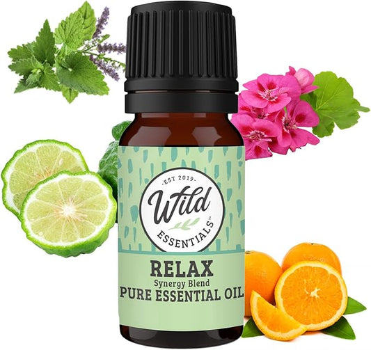 Wild Essentials Relax 100% Pure Essential Oil Synergy Blend - 10ml, Therapeutic Grade - Stress Ease, angst, Mood, Sleep, Calming, Mindfulness, Meditation, Made in The USA