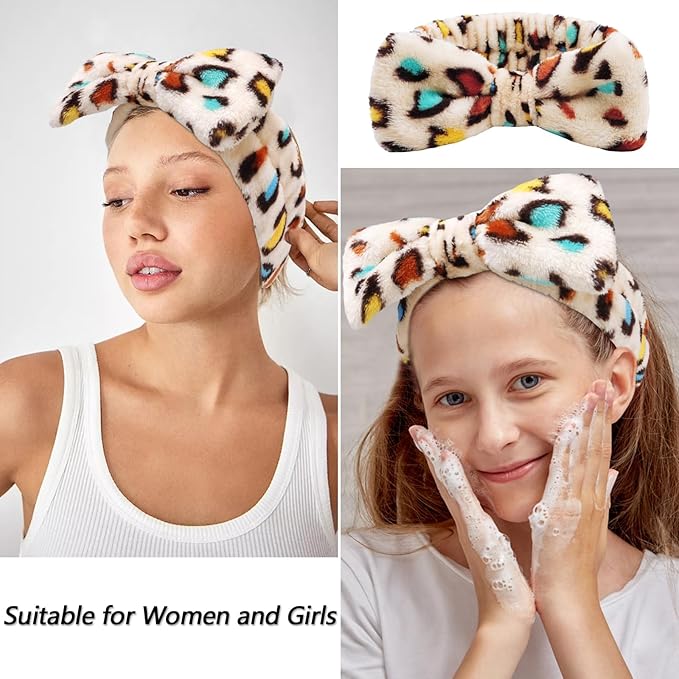 Velscrun 6 Pack Spa Headband, Makeup Headband, Face Wash Headbands, Skincare Headbands, Sponge Hair Band Bow Tie Spa Head Band for Washing Face Wristband Set Hair Accessories for Women Gifts Leopard D