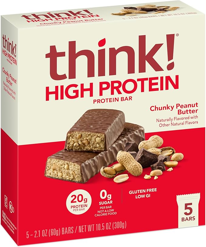 think! Protein Bars, High Protein Snacks, Gluten Free, Kosher Friendly, Chunky Peanut Butter, Nutrition Bars, 2.1 Oz per Bar, 30 Count (Packaging May Vary)