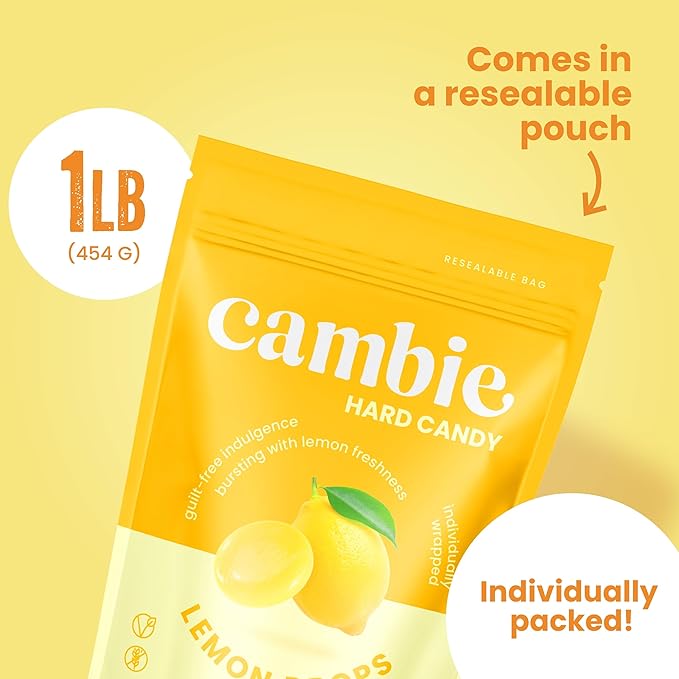 Cambie Sugar Free Lemon Drops, 1 lb of Sugar Free Hard Candy, Individually Wrapped Lemon Drops with a Refreshing & Sweet Citrus Flavor, Packaged Fresh in a Resealable Pouch