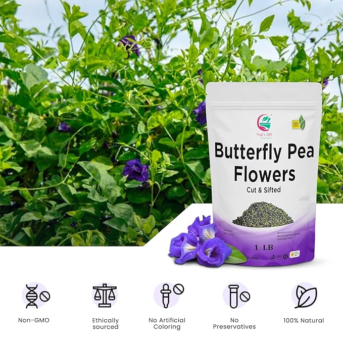 Butterfly Pea Flower Tea 1 LB (1000+ Cups) | Cut and Sifted | Makes Beautiful Blue Or Purple Food Coloring | Blue tea Butterfly Pea Flower | Non-Gmo, Ethically Sourced | By Yogi's Gift®