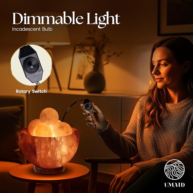 UMAID Himalayan Salt Lamp Bowl with 6 Massage Balls – Dimmable Natural Pink Rock Salt Lamp for Relaxation, Meditation,Yoga, Spa, Office, Bedroom, Wellness, Home Decor, and Unique Gift