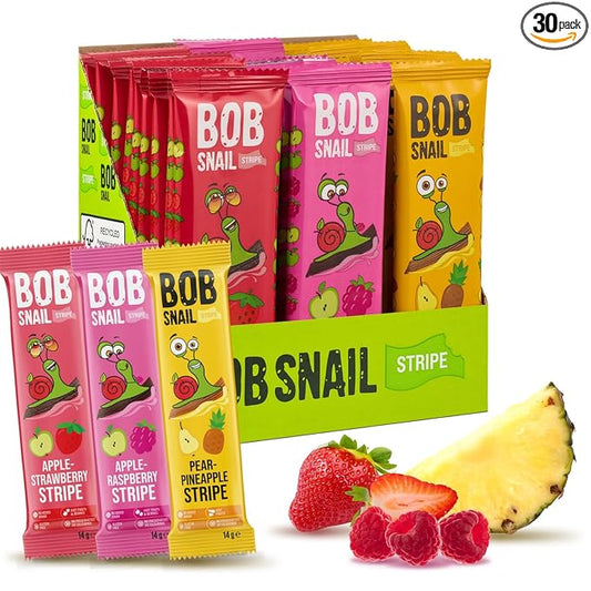 BOB SNAIL Healthy Organic Fruit Snacks for Kids and Adults – 30 Organic Fruit Leather Snacks with Strawberry, Raspberry, Pineapple – Vegan Low-Carb Variety Pack Strips for Kids – Sugar Free Jerky Bars