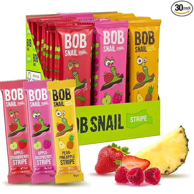 BOB SNAIL Healthy Organic Fruit Snacks for Kids and Adults – 30 Organic Fruit Leather Snacks with Strawberry, Raspberry, Pineapple – Vegan Low-Carb Variety Pack Strips for Kids – Sugar Free Jerky Bars
