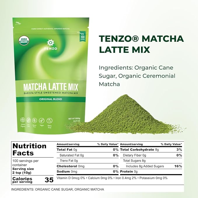 Tenzo Matcha Green Tea Powder, Organic Cafe Sweetened Matcha Latte Green Tea Powder, Ceremonial Barista Crafted Mix - Authentically Japanese - Matcha Latte Mix (35.27 Ounce)
