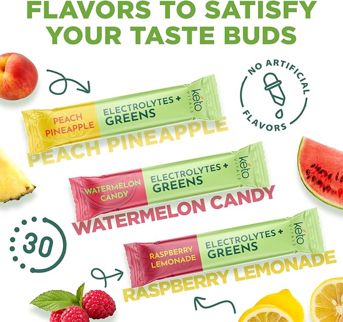 Keto Vitals Keto Electrolytes Plus Greens Superfood Powder Packets - 30 Servings Super Greens Powder Packets with Sugar Free Electrolytes for Hydration, Gut Health & Digestion - Organic Green Blend