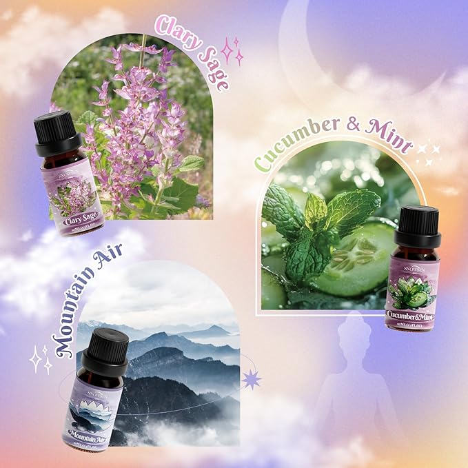 Tranquil Diffuser Oils, SNOWSEN Essential Oil Set for Diffuser, Soap & Candle Making, Aromatherapy Oils Gift Set Includes Amber, Vanilla, Cucumber & Mint, Clary Sage, Ylang Ylang, Mountain Air