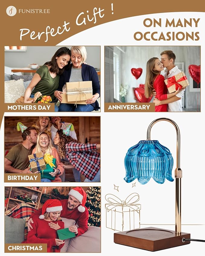 Candle Warmer Lamp with Timer Dimmable, Height Adjustable Birthday Gifts for Women Mom House Warming, Home Decor, Lotus Flower Candle Lamp Warmer 2 Bulbs Inc (Blue)