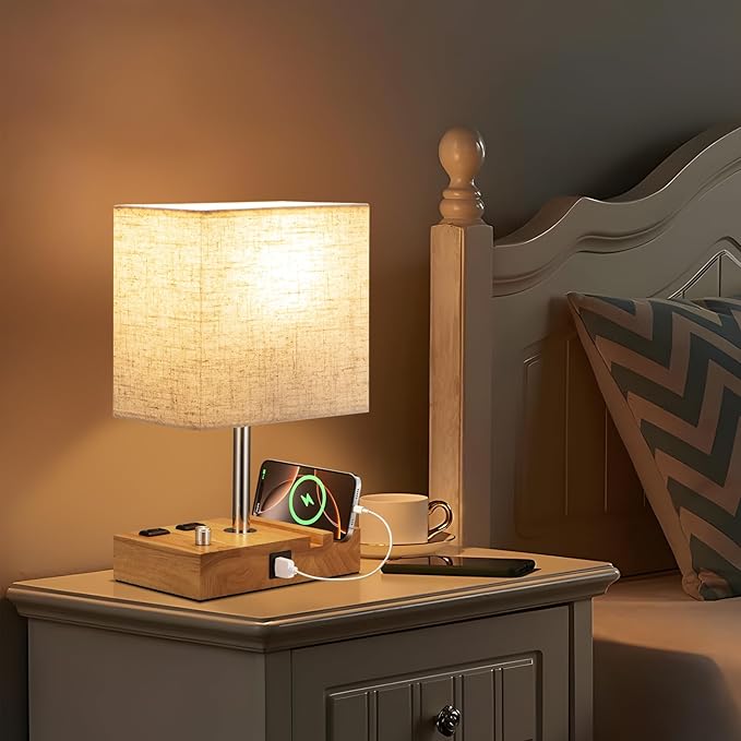 Kakanuo Fully Dimmable Nightstand Lamp for Bedroom with USB C Ports, Small Bedside Table Lamp with Charging Outlets and Phone Stands, Wooden Desk Lamp for Living Room, LED Bulb Included