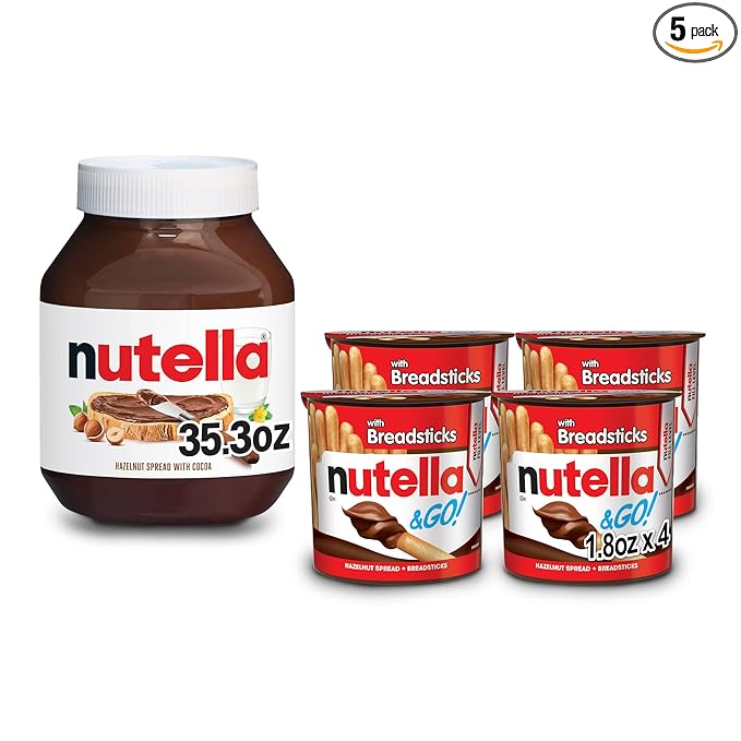 Nutella and Nutella & GO! Bundle, Hazelnut Spread with Cocoa Jar and Snack Packs with Breadsticks, 35.3 oz Jar and 4-Pack