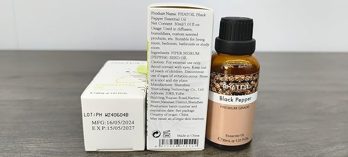 Black Pepper Essential Oil, 1.01Fl.Oz (30ML) PHATOIL Pure Essential Oil Singles for Aromatherapy Diffusers, Humidifiers, Great for DIY Candle and Soap Making, Gift for Friend