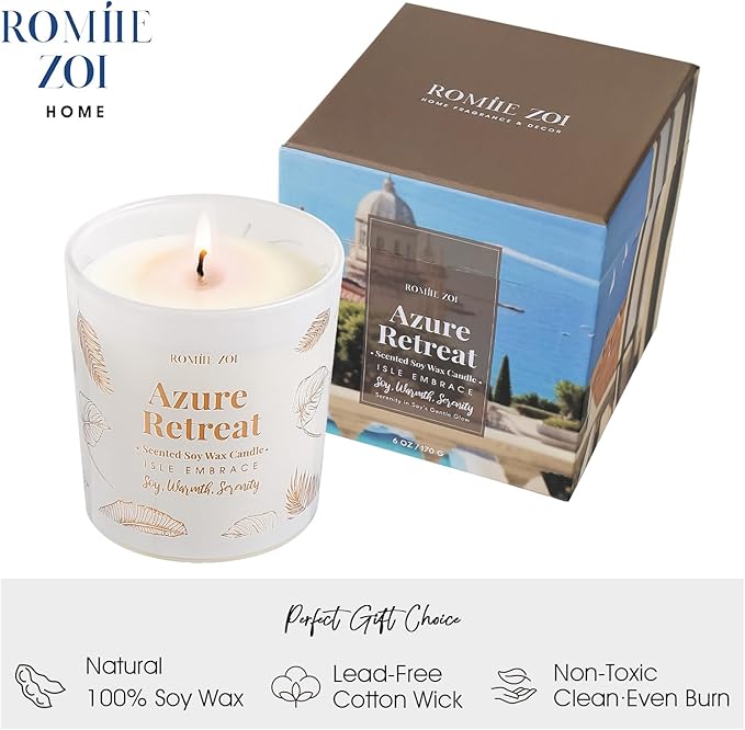 ROMIIE ZOI Tidal Treasure Scented Candle - Ocean Whisper - 6oz Soy Wax Candle for Home Scented, Stress Relief Candle Gifts for Women/Men